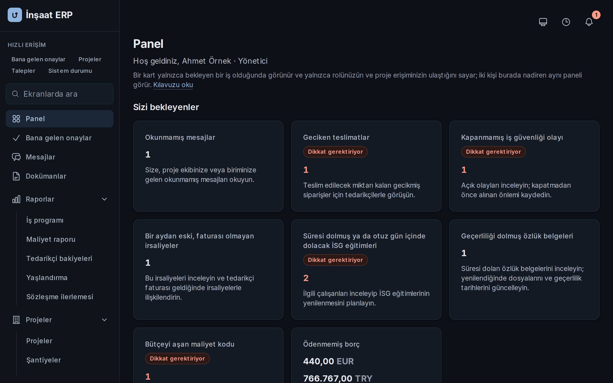 Sizi bekleyen işleri listeleyen panel